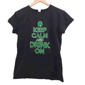 Keep Calm and Drink On Shamrock Leaf Graphic Shortsleeve Womens Tee by QH XL